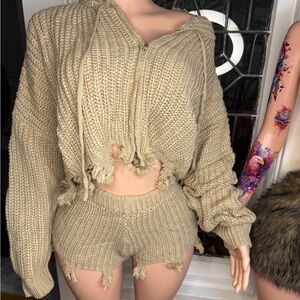 Beige Knit Hoodie and Shorts Set
